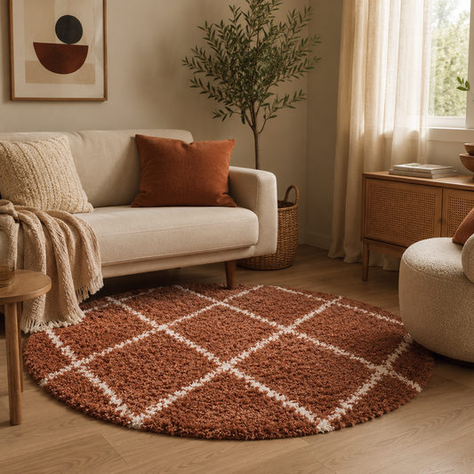 Apvalus ilgo plauko kilimas Alvor Ø 120 cm., rudas